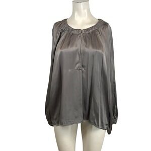 Zara Women XL Taupe Grey Satin Gathered Neck Long Sleeve Blouse 4043/297/832
